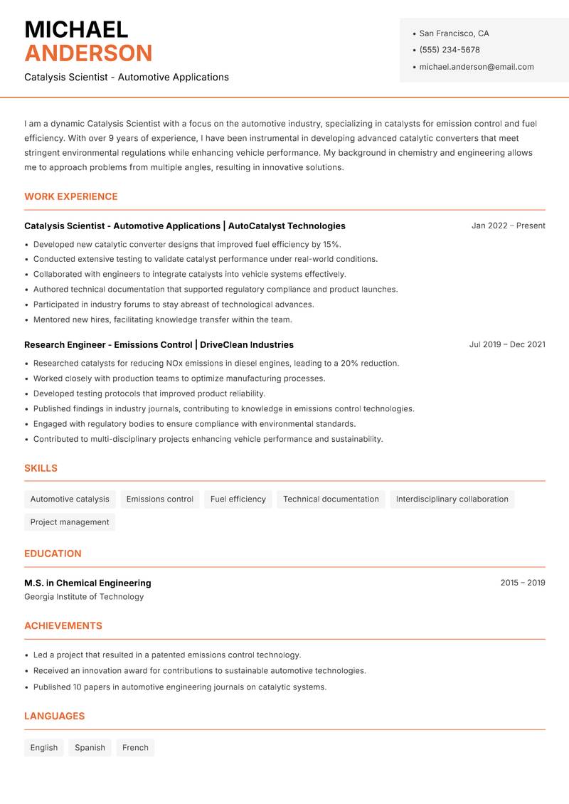 Catalysis Scientist resume sample — Catalysis Scientist - Automotive Applications focus
