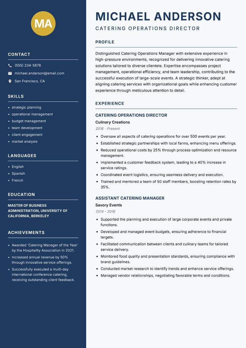 Catering Operations Manager resume sample — Catering Operations Director focus