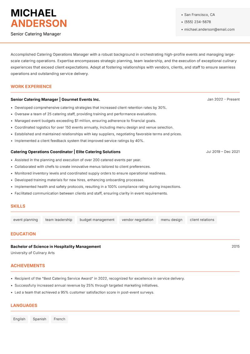 Catering Operations Manager resume sample — Senior Catering Manager focus