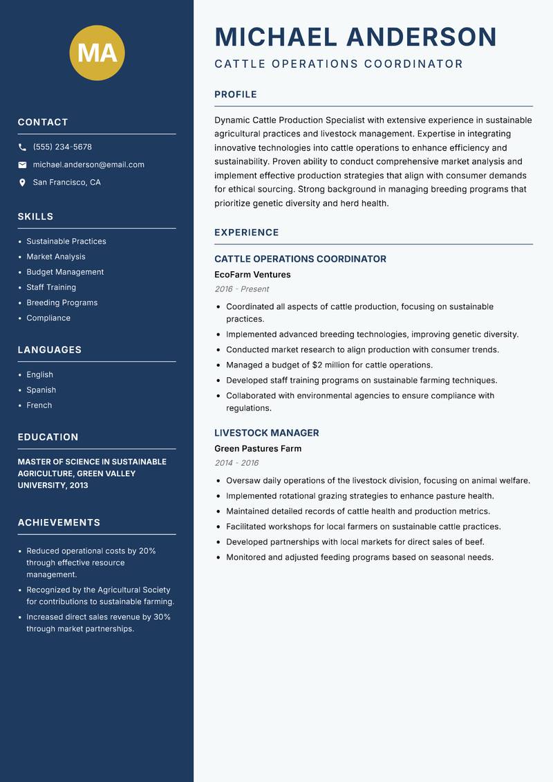 Cattle Production Specialist resume sample — Cattle Operations Coordinator focus