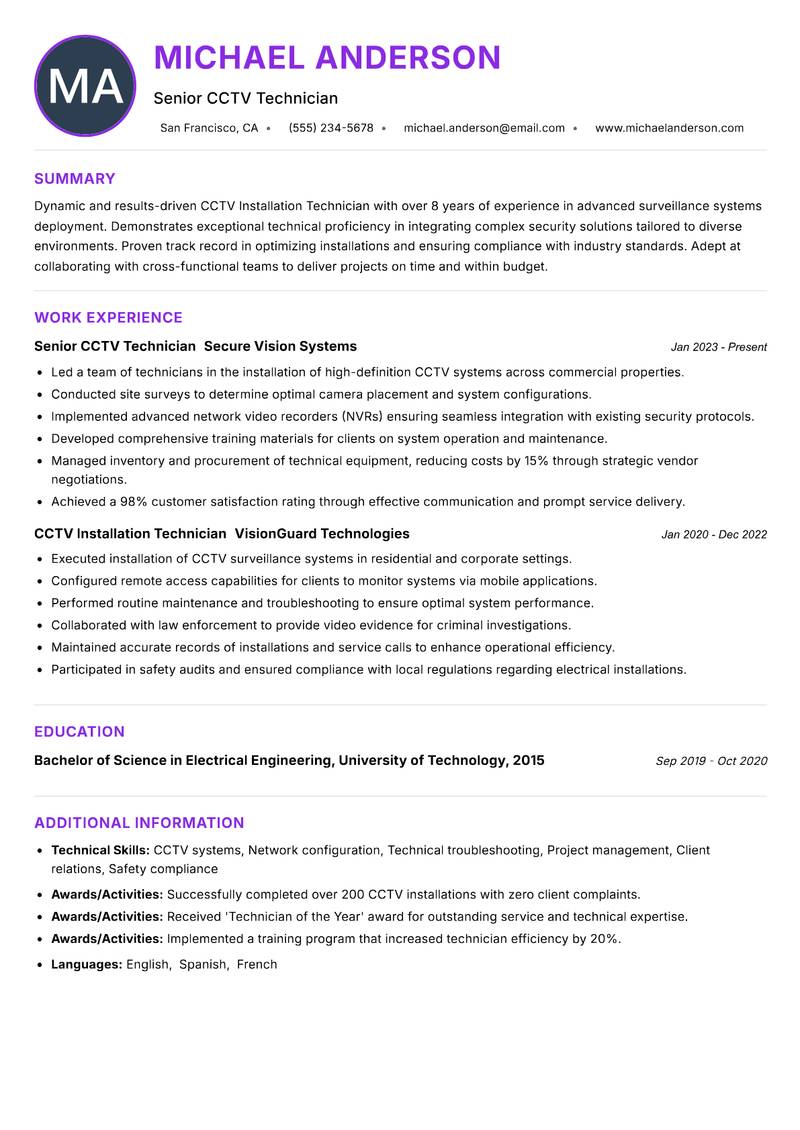 CCTV Installation Technician resume example