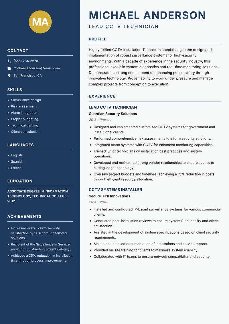 CCTV Installation Technician resume sample — Lead CCTV Technician focus