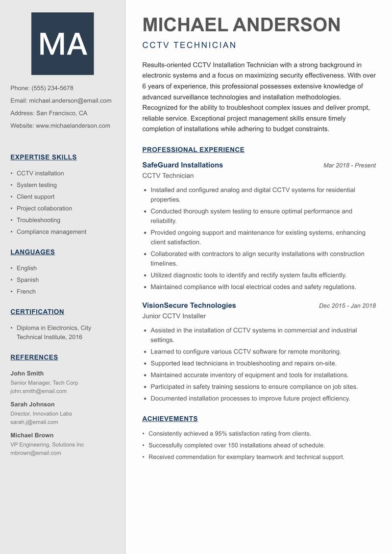 CCTV Installation Technician resume sample — CCTV Technician focus