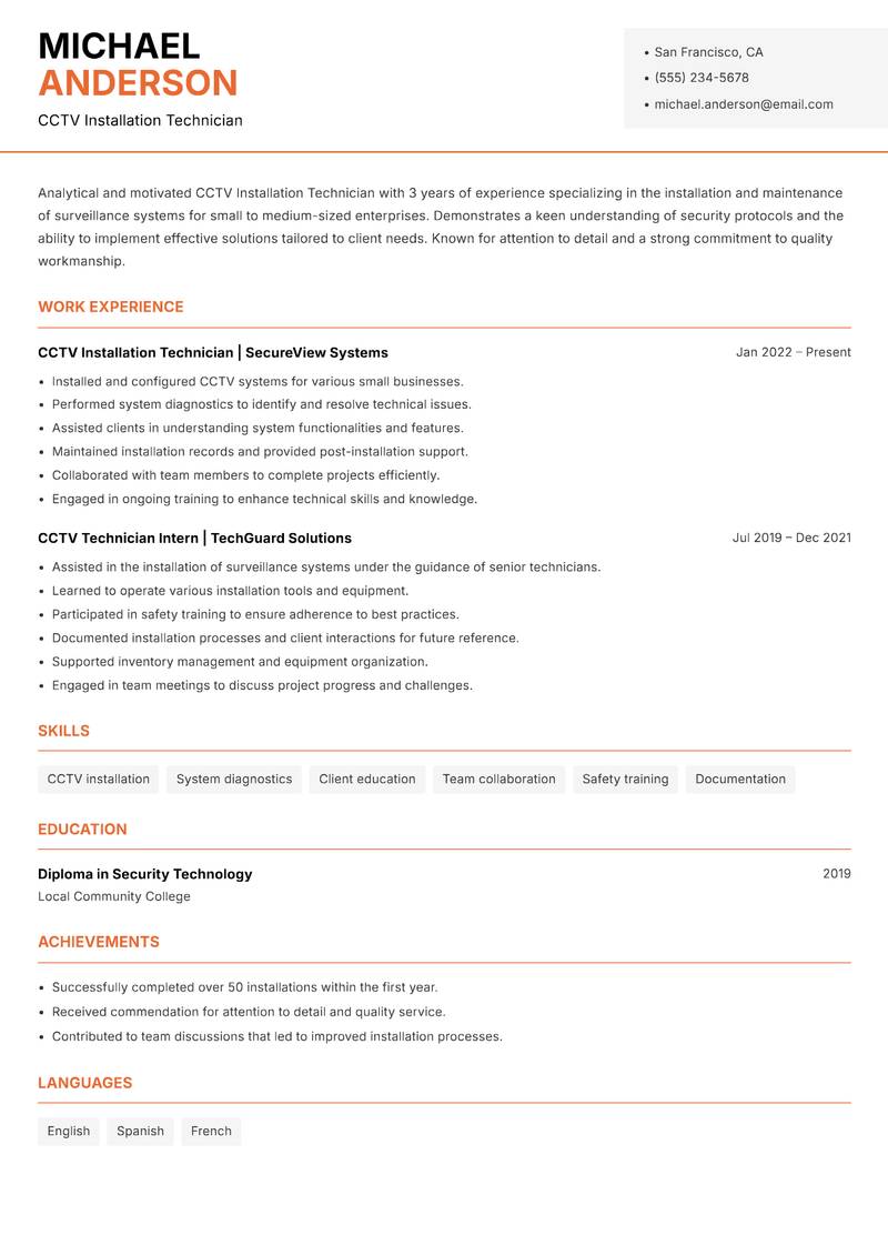 CCTV Installation Technician resume sample — CCTV Installation Technician focus