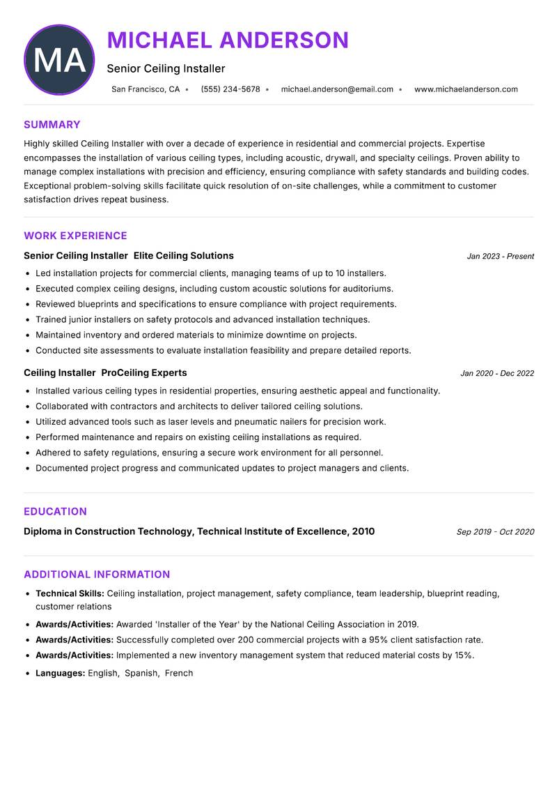 Ceiling Installer resume example
