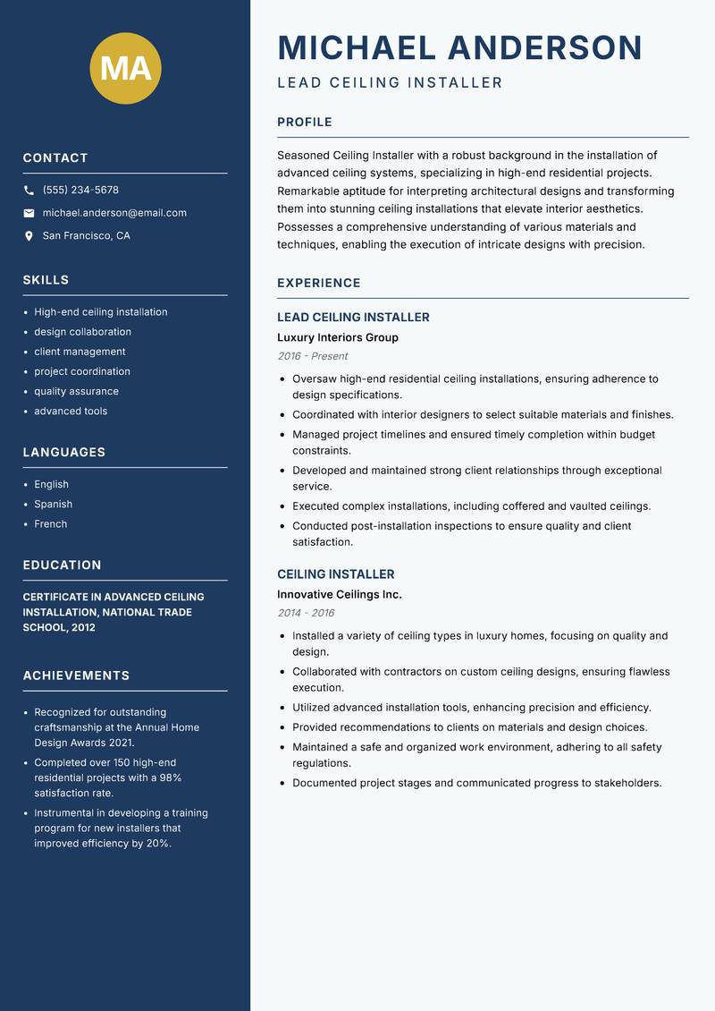Ceiling Installer resume sample — Lead Ceiling Installer focus