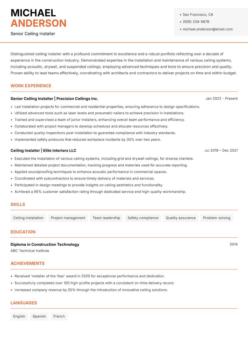 Ceiling Installer resume sample — Senior Ceiling Installer focus