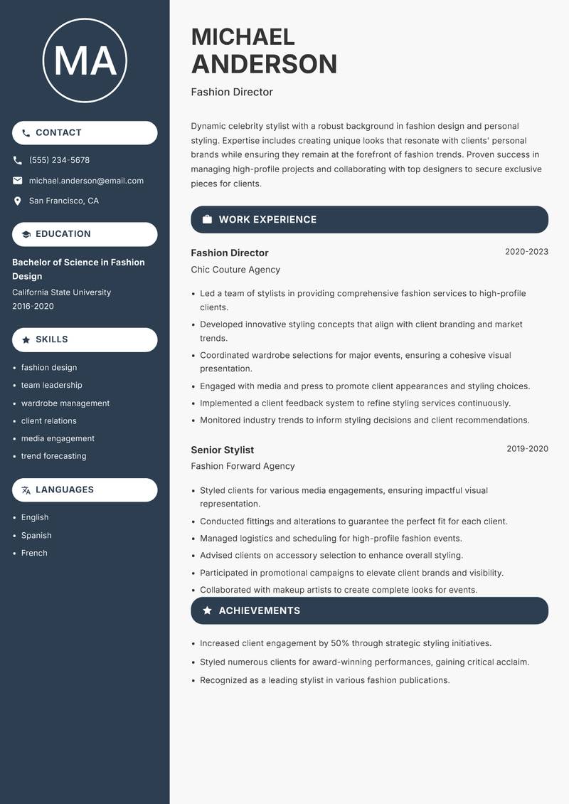 Celebrity Stylist resume sample — Fashion Director focus