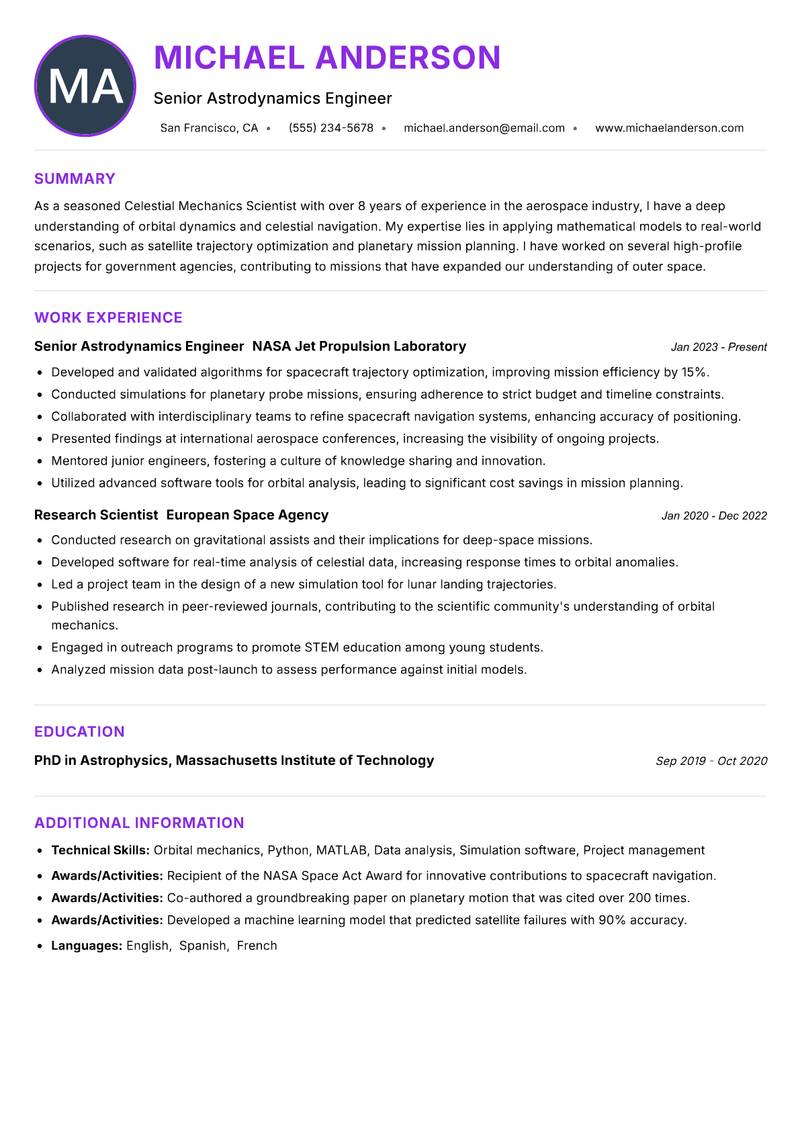Celestial Mechanics Scientist resume example