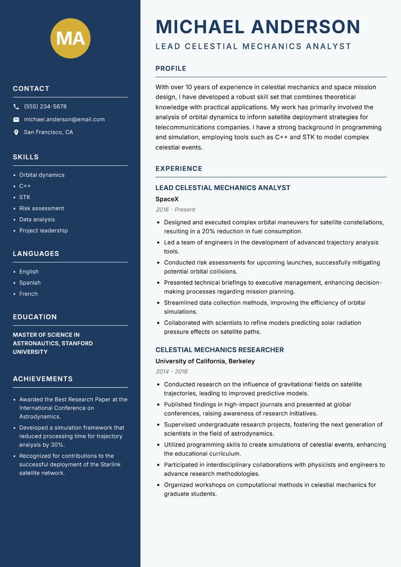 Celestial Mechanics Scientist resume sample — Lead Celestial Mechanics Analyst focus