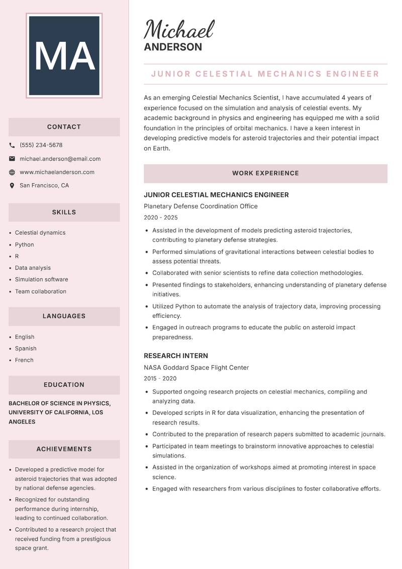 Celestial Mechanics Scientist resume sample — Junior Celestial Mechanics Engineer focus
