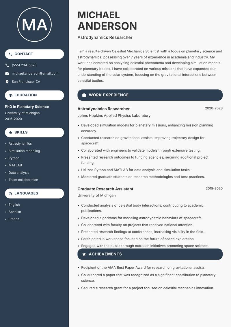 Celestial Mechanics Scientist resume sample — Astrodynamics Researcher focus