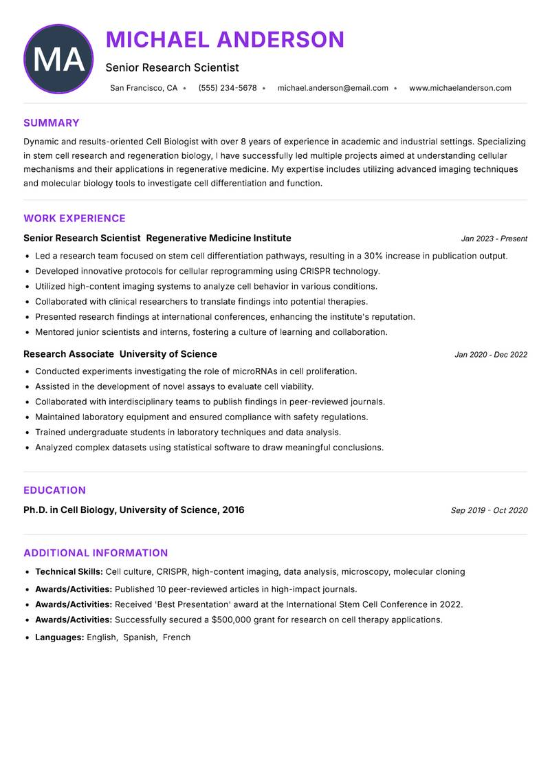 Cell Biologist resume example