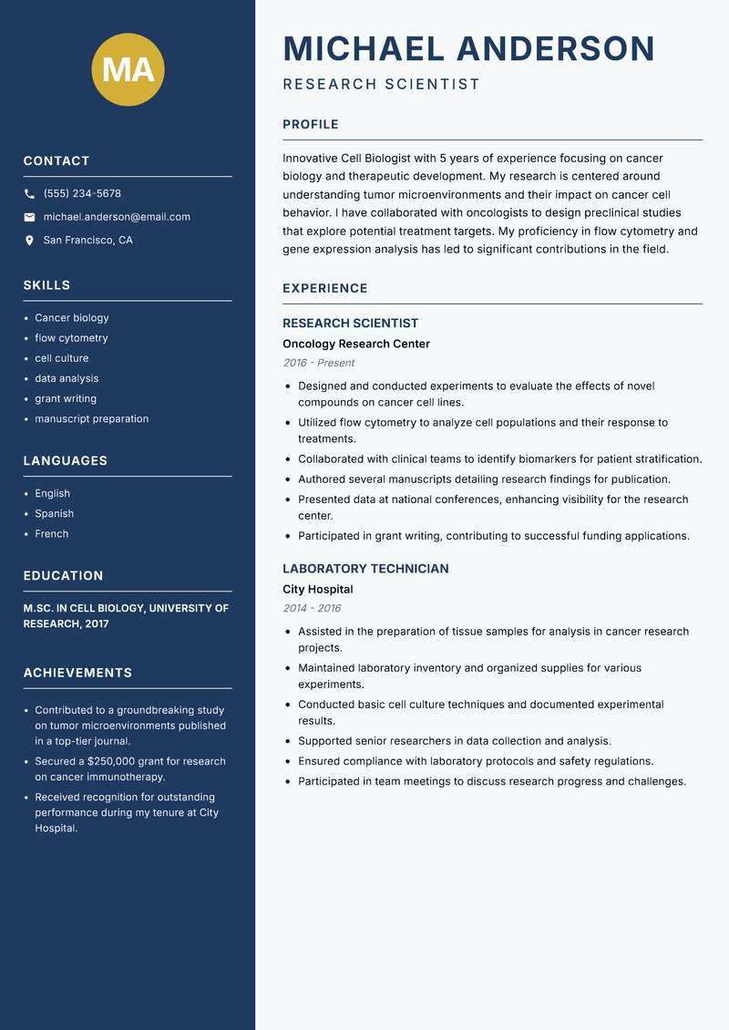 Cell Biologist resume sample — Research Scientist focus