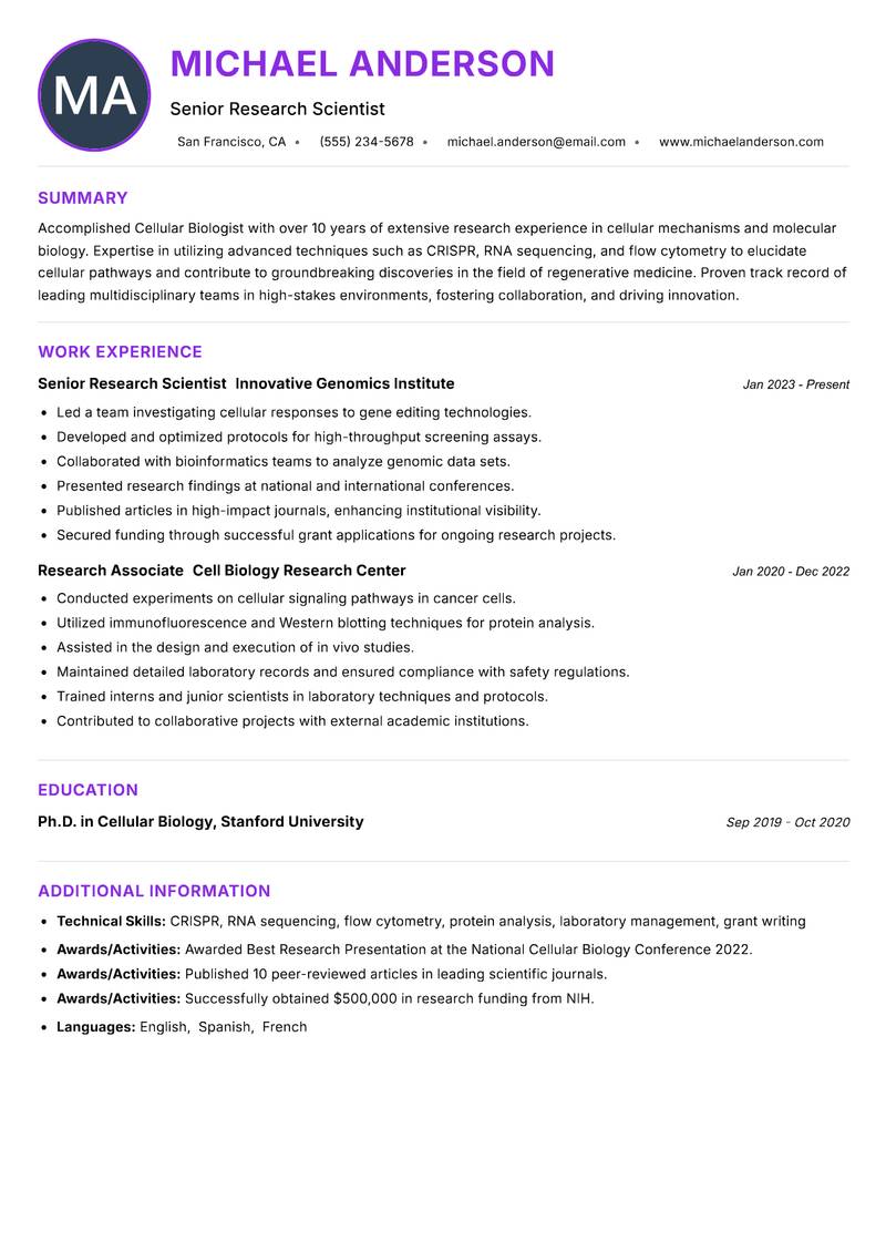 Cellular Biologist resume example