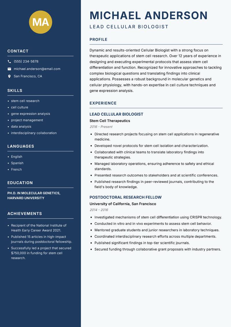 Cellular Biologist resume sample — Lead Cellular Biologist focus