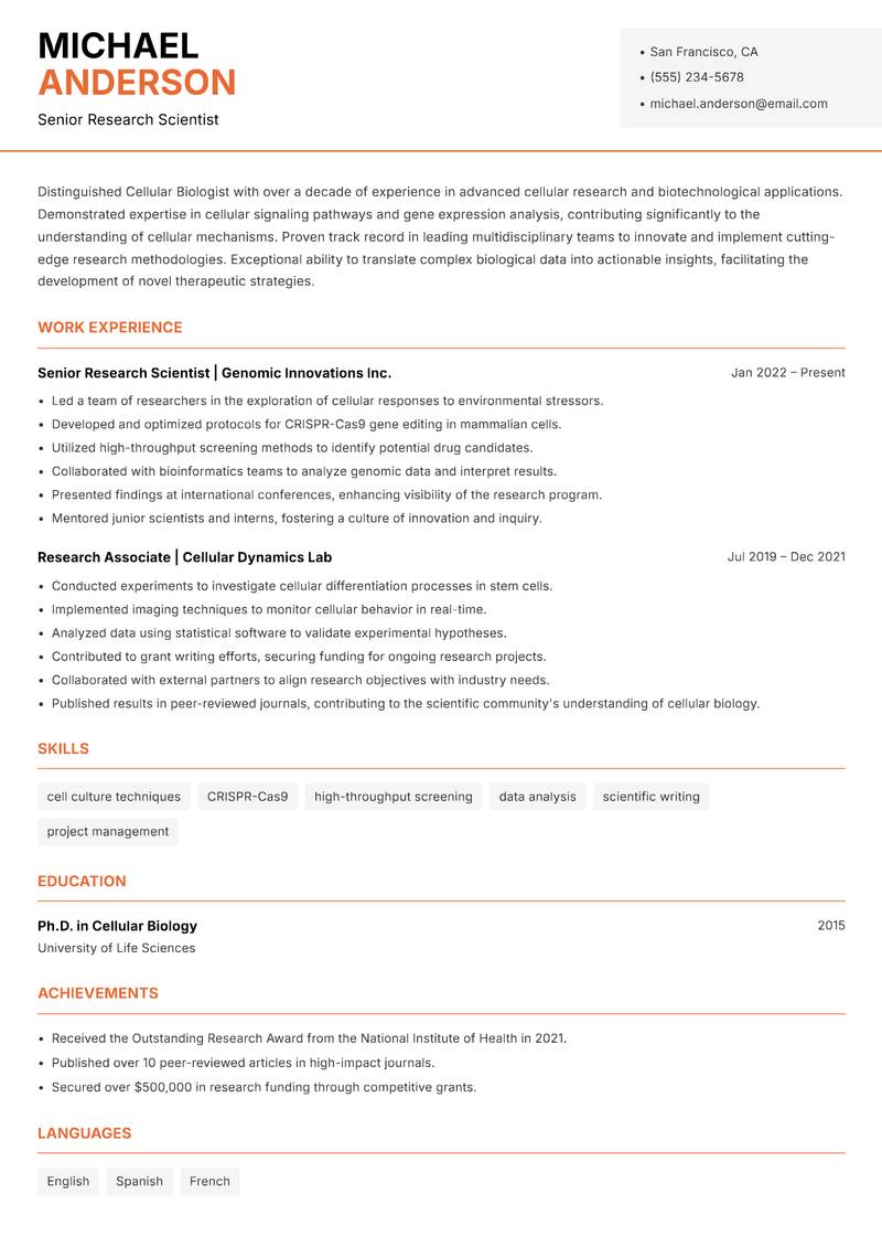 Cellular Biologist resume sample — Senior Research Scientist focus