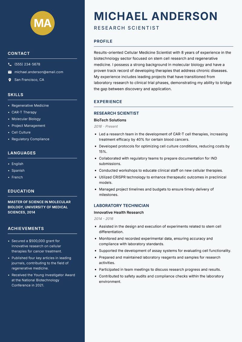 Cellular Medicine Scientist resume sample — Research Scientist focus