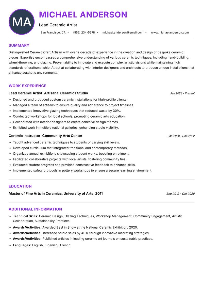Ceramic Craft Artisan resume example