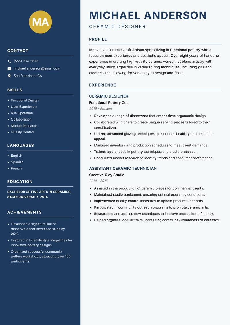 Ceramic Craft Artisan resume sample — Ceramic Designer focus