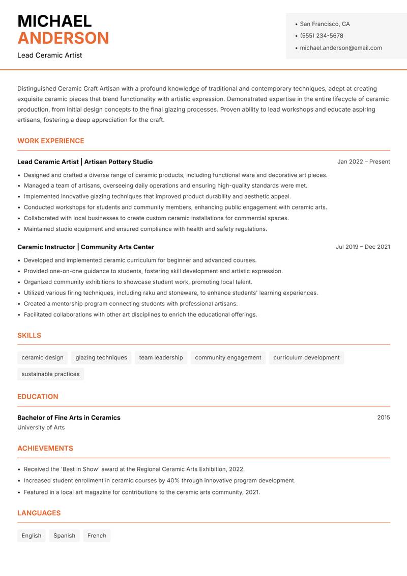 Ceramic Craft Artisan resume sample — Lead Ceramic Artist focus