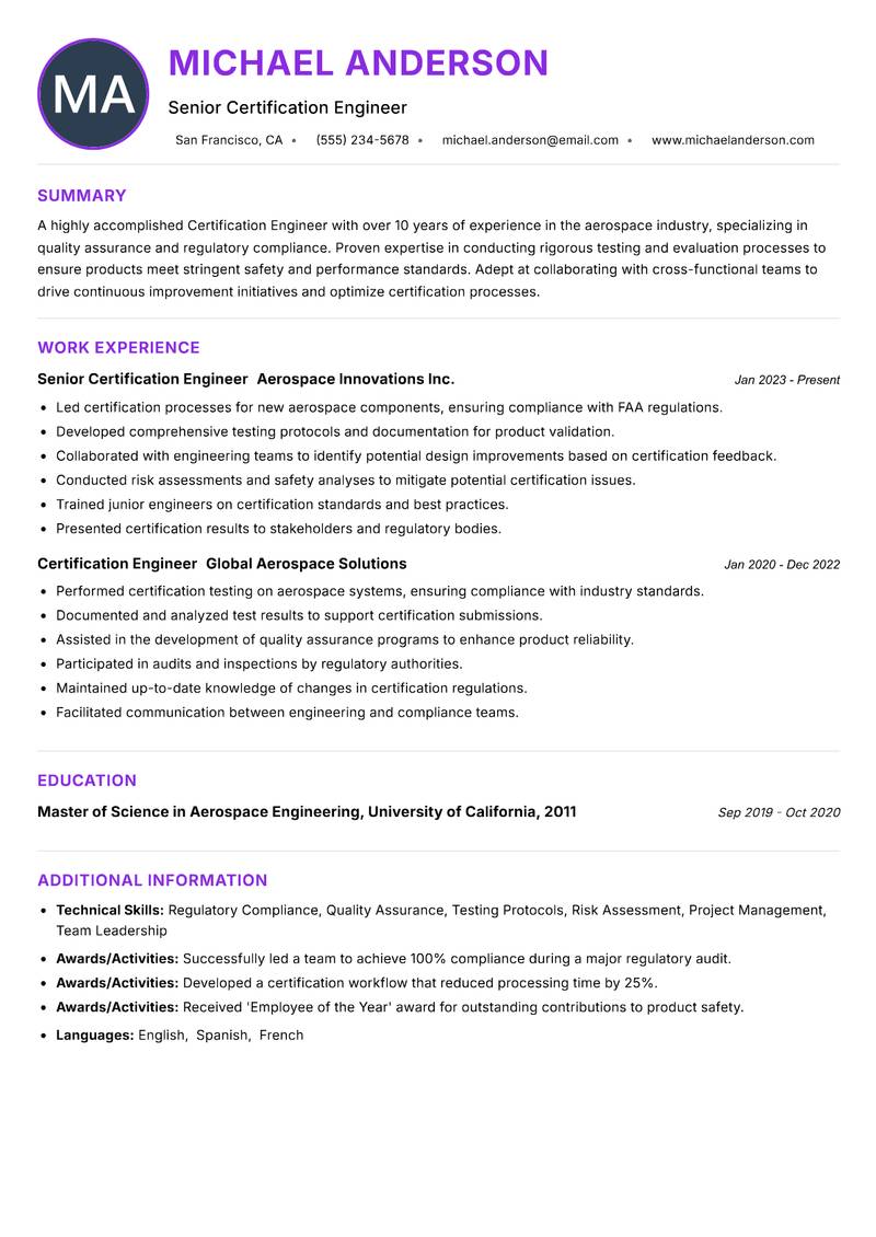 Certification Engineer resume example