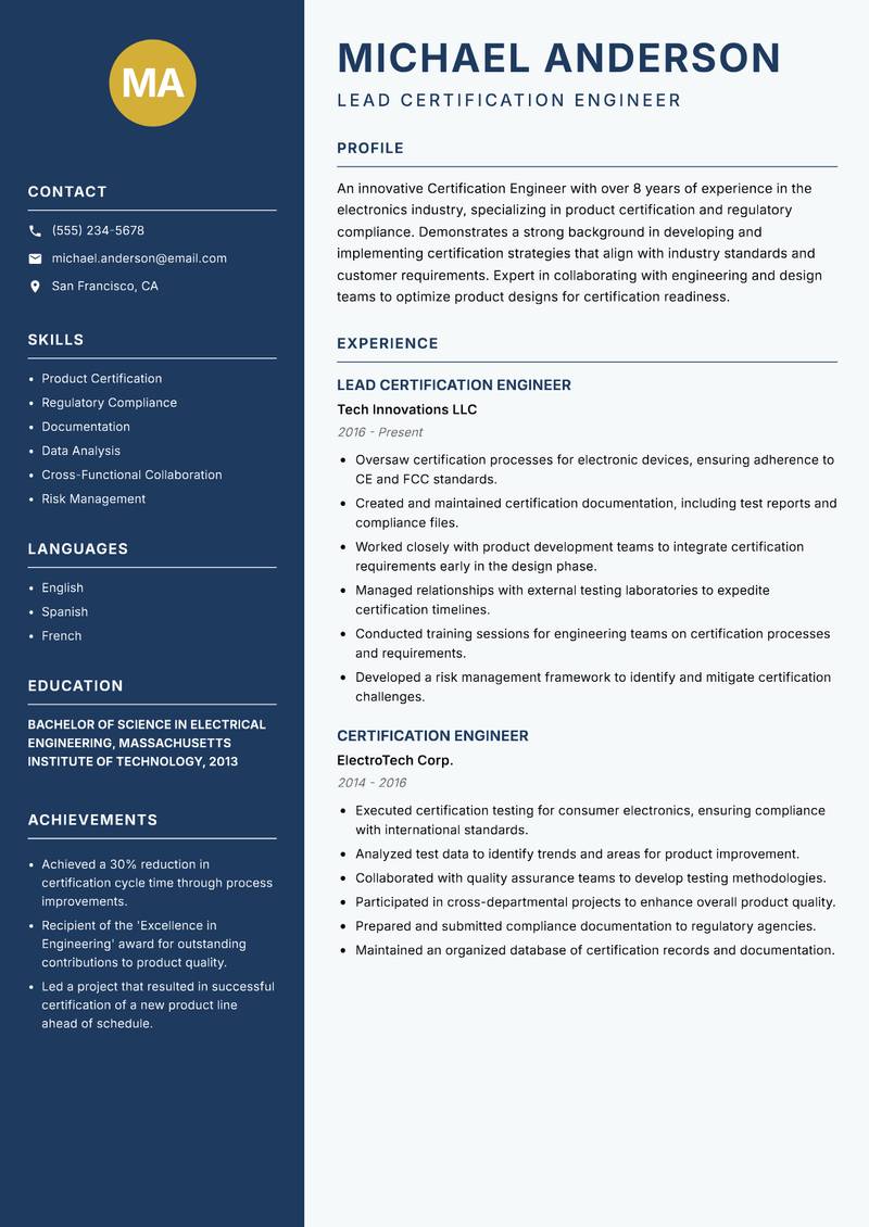 Certification Engineer resume sample — Lead Certification Engineer focus