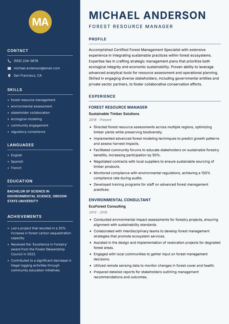 Certified Forest Management Specialist resume sample — Forest Resource Manager focus
