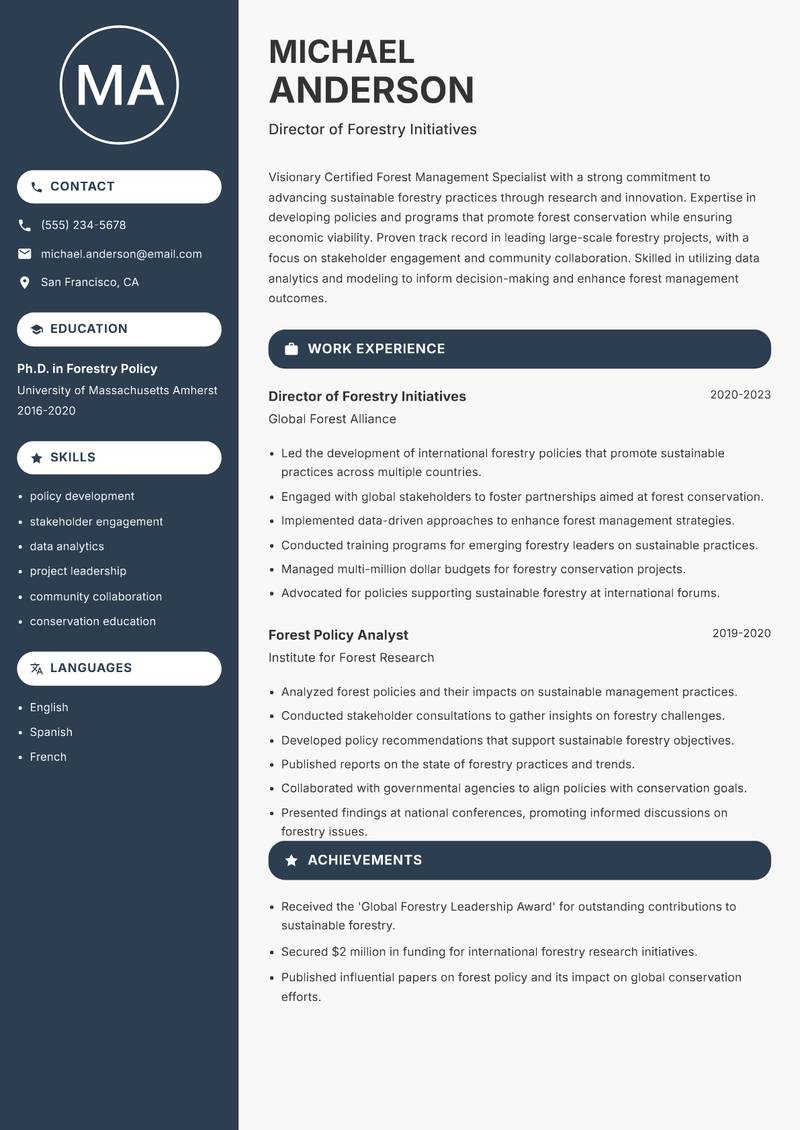 Certified Forest Management Specialist resume sample — Director of Forestry Initiatives focus