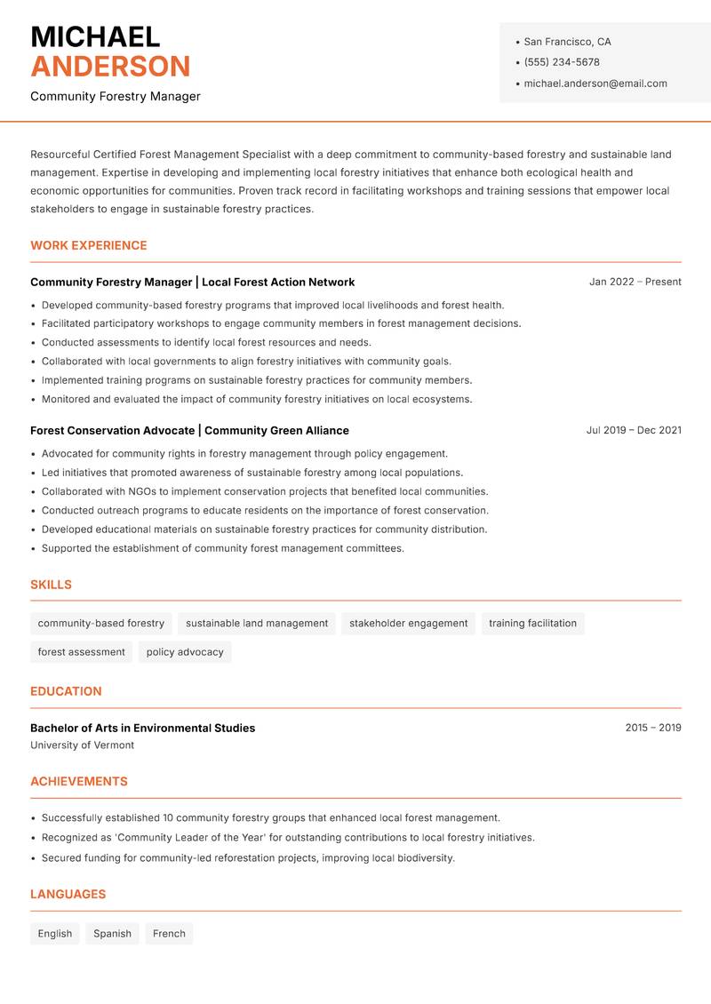 Certified Forest Management Specialist resume sample — Community Forestry Manager focus