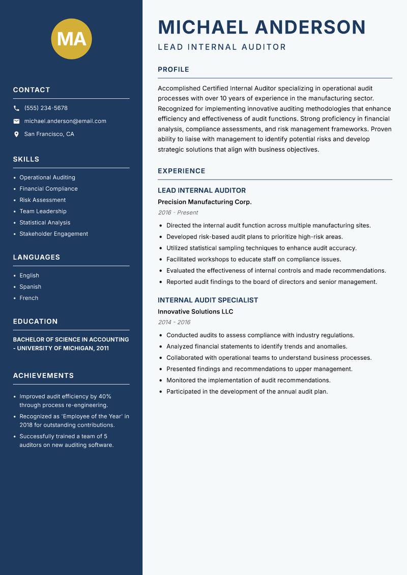 Certified Internal Auditor resume sample — Lead Internal Auditor focus