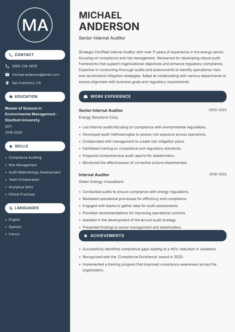 Certified Internal Auditor resume sample — Senior Internal Auditor focus