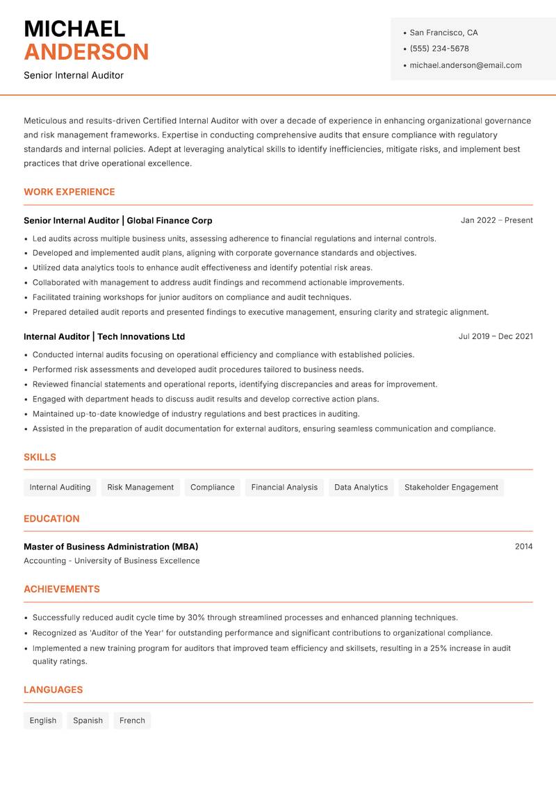 Certified Internal Auditor resume sample — Senior Internal Auditor focus