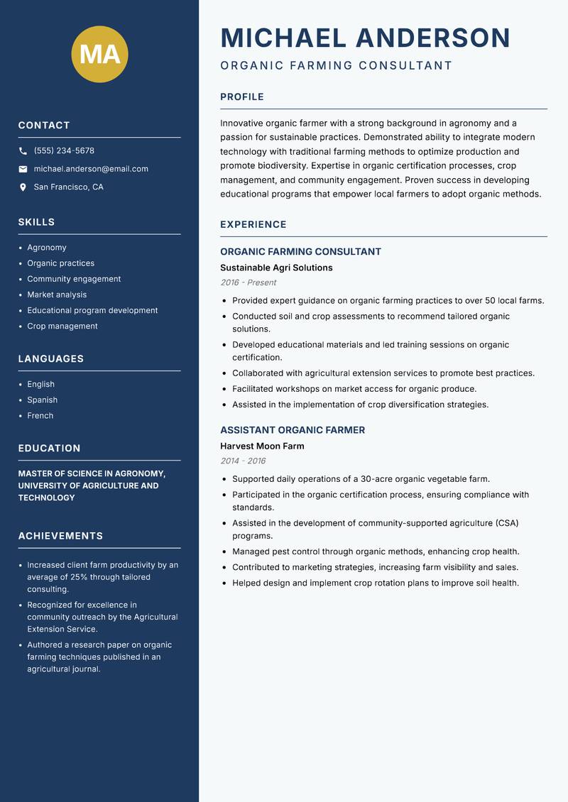 Certified Organic Farmer resume sample — Organic Farming Consultant focus