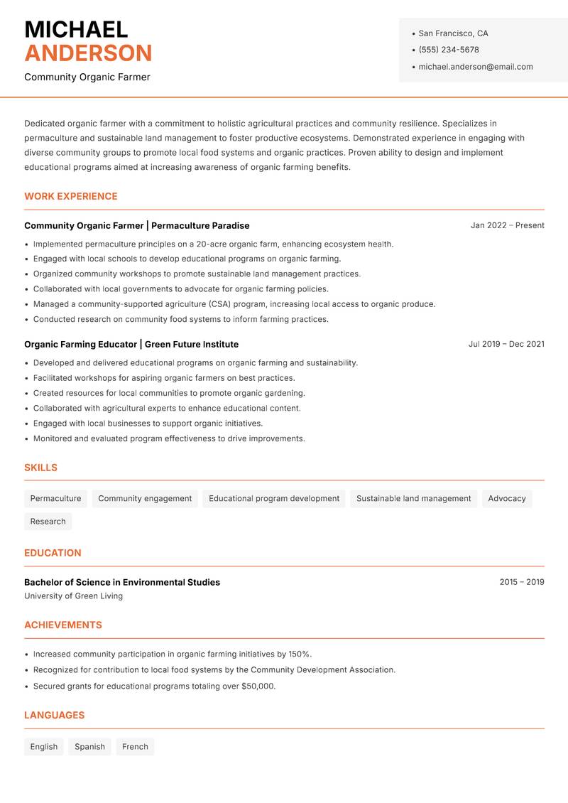 Certified Organic Farmer resume sample — Community Organic Farmer focus