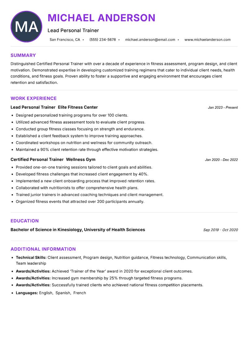 Certified Personal Trainer resume example