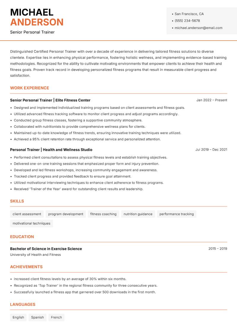 Certified Personal Trainer resume sample — Senior Personal Trainer focus