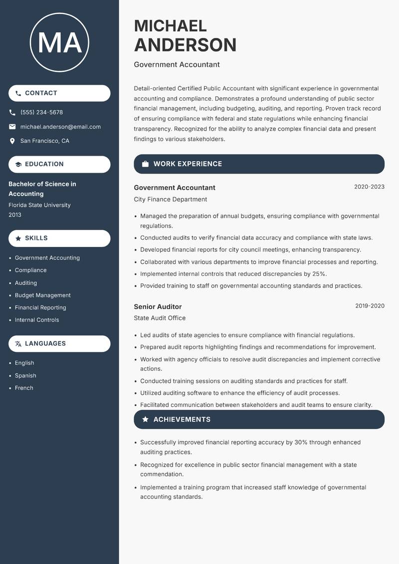 Certified Public Accountant resume sample — Government Accountant focus