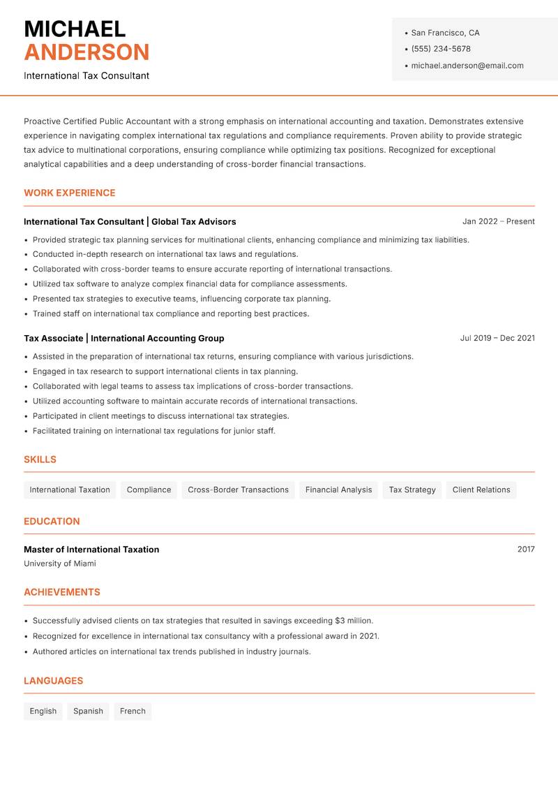 Certified Public Accountant resume sample — International Tax Consultant focus