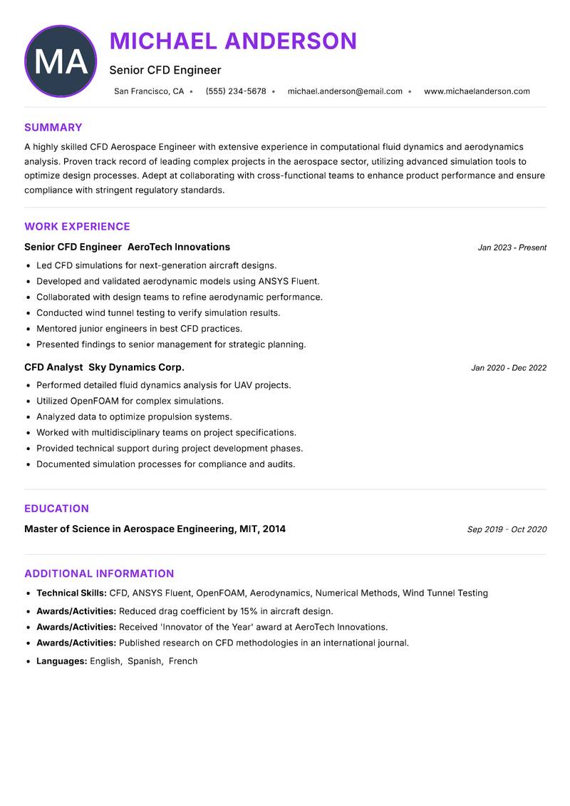 CFD Aerospace Engineer resume example