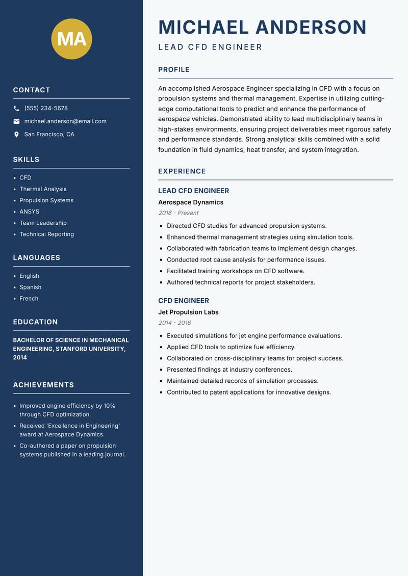 CFD Aerospace Engineer resume sample — Lead CFD Engineer focus