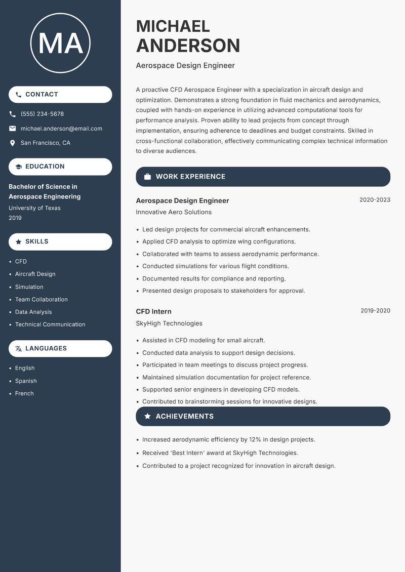 CFD Aerospace Engineer resume sample — Aerospace Design Engineer focus