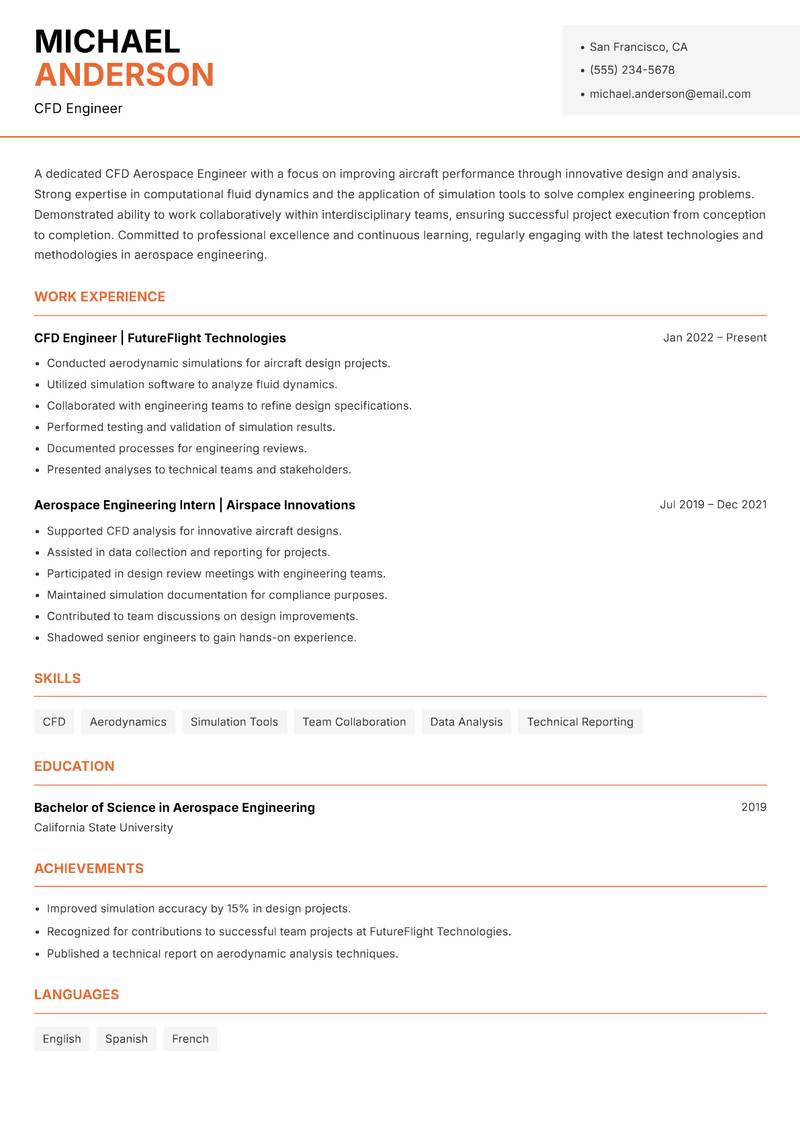 CFD Aerospace Engineer resume sample — CFD Engineer focus