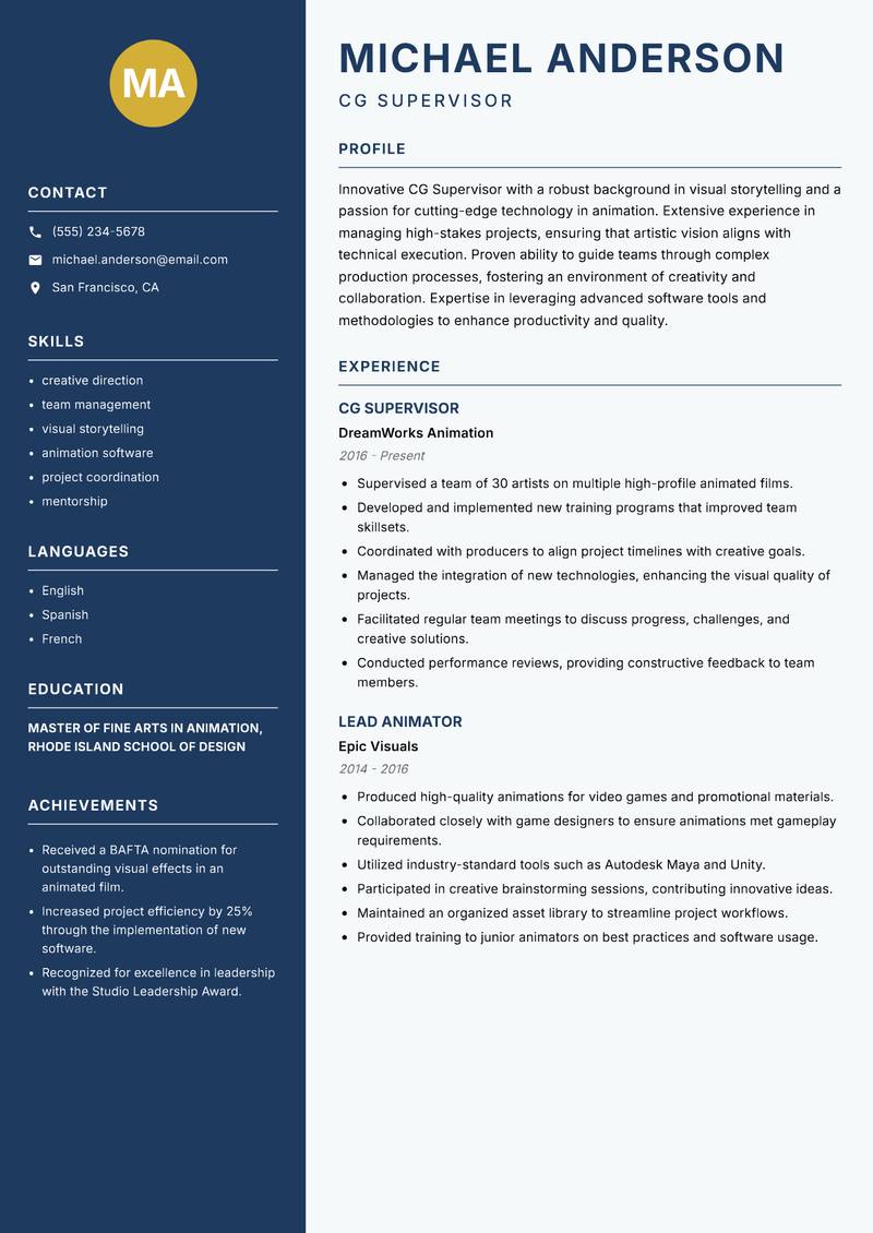 CG Supervisor resume sample — CG Supervisor focus