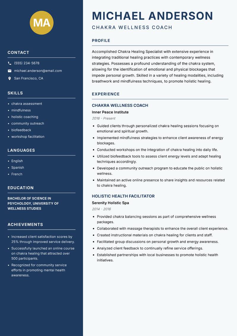 Chakra Healing Specialist resume sample — Chakra Wellness Coach focus