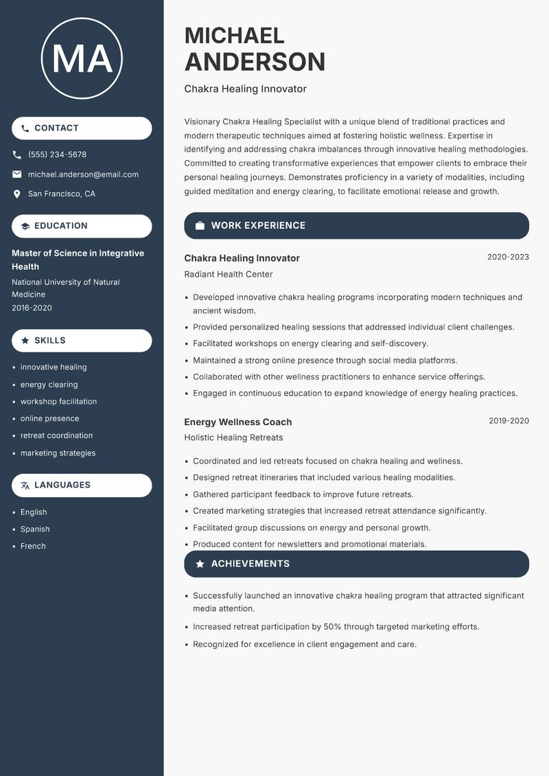 Chakra Healing Specialist resume sample — Chakra Healing Innovator focus