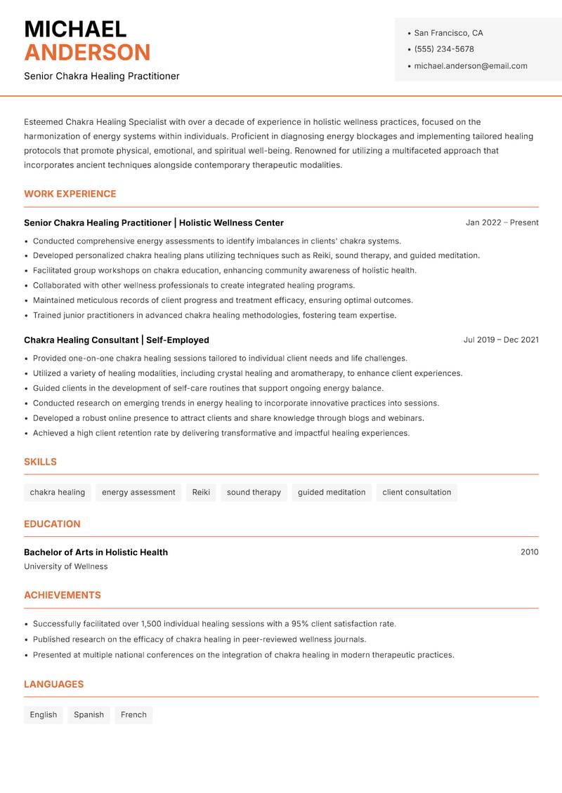 Chakra Healing Specialist resume sample — Senior Chakra Healing Practitioner focus