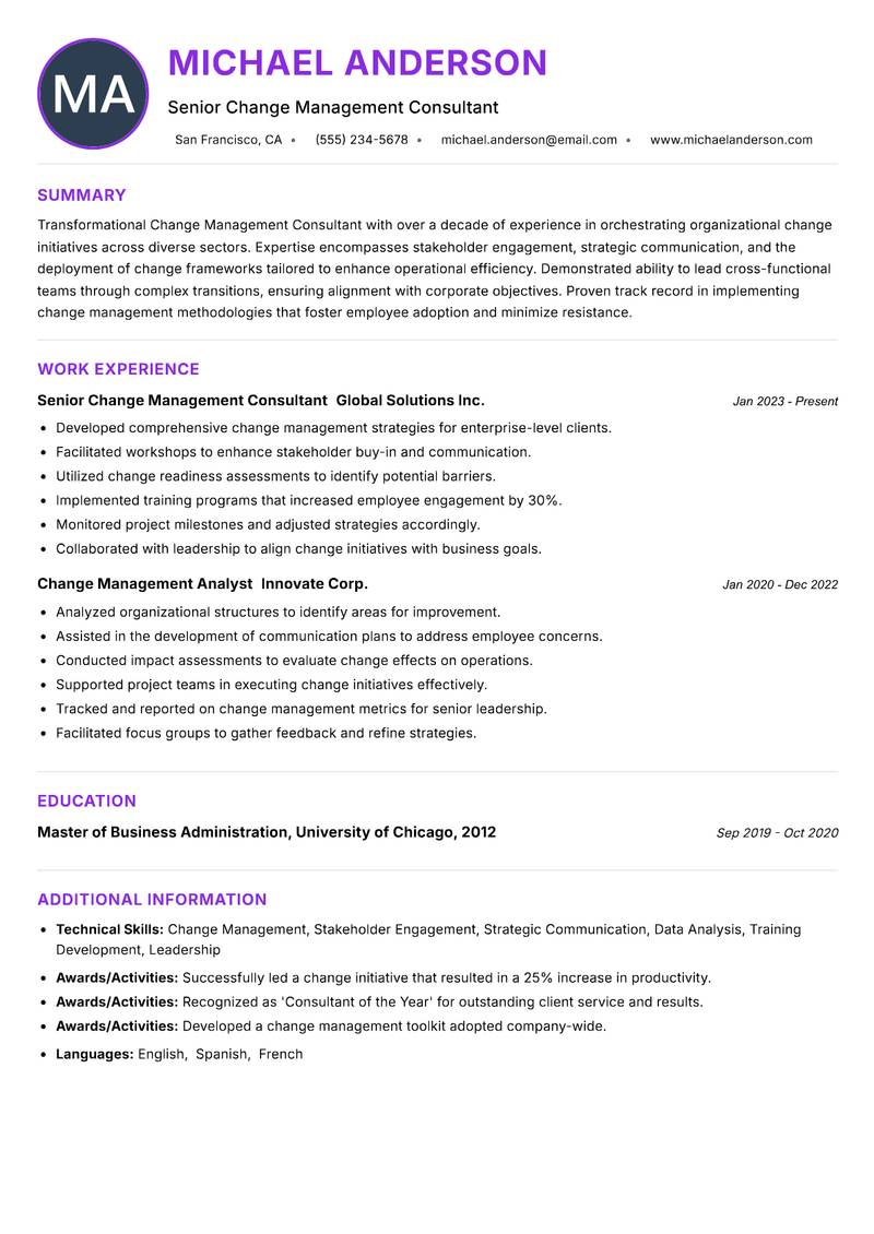 Change Management Consultant resume example