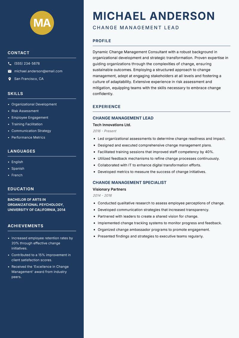 Change Management Consultant resume sample — Change Management Lead focus