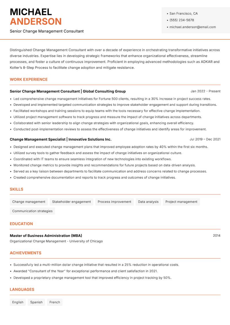 Change Management Consultant resume sample — Senior Change Management Consultant focus